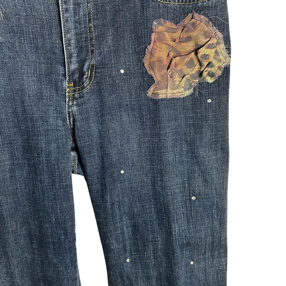 Boho Chic Embellished Denim Jeans Blue Floral Rhinestone Tassel Cuff Women's - Picture 15 of 16